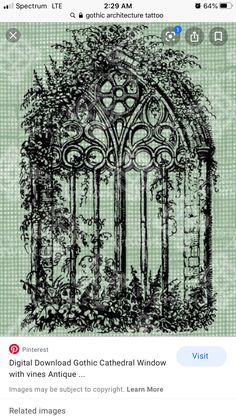 a drawing of an arch in the middle of a forest with trees and flowers on it