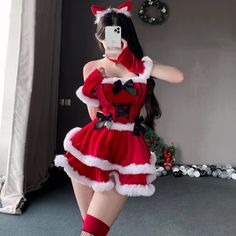 Cute Girls Santa Claus Maid Uniform Christmas Cosplay Lolita Bowknot Fluffy Ruffle Crop Top Skirt Christmas Uniforms, Gloves Outfit, Xmas Costumes, Christmas Cosplay, Girls Short Dresses, Cat Cosplay, Maid Uniform, Christmas Dress Women, Ruffle Crop Top