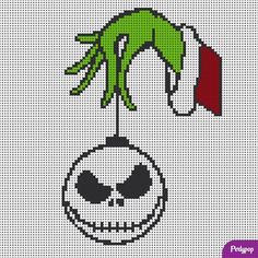 a cross stitch pattern with the grin's head hanging from a hook on it