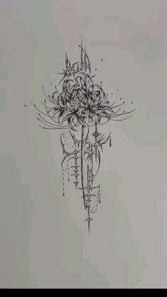 a black and white drawing of a clock tower with flowers on it's side