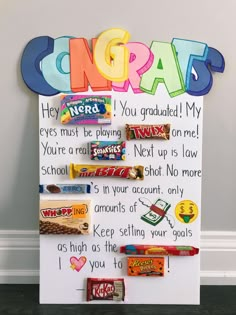 University/college graduation poster great for someone going into law school College Graduation Poster Ideas, Cute Graduation Poster Ideas, Graduation Gift Elementary School, Graduation Candy Board Ideas, Graduation Posters Diy, Poster For Graduation Ideas, Candy Graduation Ideas, Graduation Gift Ideas Elementary School, Graduation Candy Poster Boards