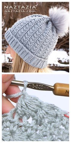 crochet hat with pom - pom on the top and side view