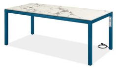 a table with a marble top and blue metal legs, on an isolated white background