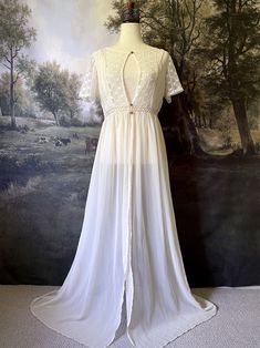 A historically inspired Edwardian era Ivory maxi Overdress with Floral Lace Details is pictured on a mannequin in front of an art history backdrop. Sheer Bodice Lace Maxi Gown, Maxi Length Lace Gown With Sheer Bodice, Lace Gown With Sheer Bodice, Maxi Length, Lace Gown With Sheer Bodice In Maxi Length, Floor-length Dresses With Lace Trim For Wedding Night, Floor-length Lace Trim Dress For Wedding Night, Floor-length Wedding Night Dress With Lace Trim, Sheer Lace Maxi Length Gown, Empire Waist Maxi Dress With Fitted Bodice For Daywear