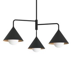 three black and white lights hanging from a ceiling fixture with one light on the other side