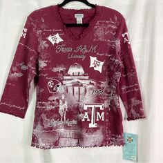 Vintage 90’s Deadstock Texas A&M Aggies Shirt Med Nwt 7/8 Sleeve V-Neck T-Shirt With Lettuce Edge Ruffle Hems. Rhinestones Accents On Front With All Over A&M Aggies Football Print In White. Deadstock, New Old Stock, Original Tags. Made In Usa. Measures Approx (Flat) Chest 19.5 In, Length 24 In. Fall Graphic Print V-neck Shirt, Tan Cotton Tops For Fall, Spring V-neck Shirt With Letter Print, Tan Long Sleeve Tops For Spring, Spring Tan Tops With Graphic Print, Spring Tan Graphic Print Tops, Red 90s Style Tops For Fall, Fitted Tan Top With Graphic Print, 90s V-neck Tops For Fall