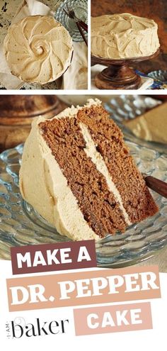 a collage of pictures showing how to make a dr pepper cake with frosting