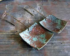 Copper verdigris patina earrings. Antiqued sterling silver handmade hooks. Aged jewelry. Organic squ Rectangular Patina Jewelry As Gift, Handmade Rectangular Artsy Jewelry, Square Green Handmade Earrings, Handmade Square Green Earrings, Handmade Square Green Jewelry, Handmade Green Square Earrings, Metal Jewelry Diy, Copper Verdigris, Copper Earrings Handmade