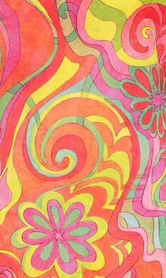 an abstract painting with flowers and swirls in pink, green, orange, yellow and red