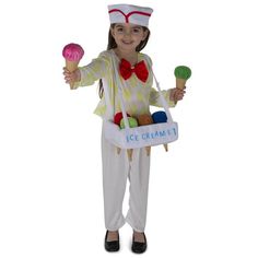 IceCreamVendorCostumewithShirt,Pants,Icecreamtray,Sixcones&HatFeaturesTrayhasattachedcarrystrapstoholdthetrayandconesinplacePullonshirthasashinyredbowPantsfeatureelasticwaistbandforcomfortablefitSpecificationsMaterial:PolyesterGender:UnisexSize:Toddler4 Ice Cream Man Costume, Parade Costume Ideas, Ice Cream Tray, Ice Cream Vendor, Ice Cream Man, Food Costumes, School Events, Costume Shop, Fancy Dress Costumes