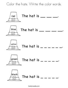 the hat worksheet for children to learn colors and write their name in english