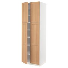 a tall cabinet with two doors and shelves