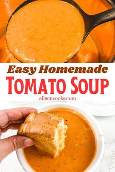 homemade tomato soup in a white bowl with a hand holding a piece of bread