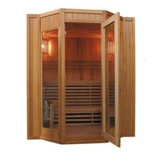 an image of a wooden saunat with its doors open and the light on