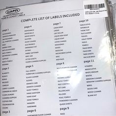 the complete list of labels included in this package are shown on top of a clear plastic bag