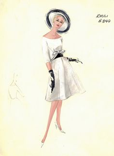 a drawing of a woman wearing a white dress and black gloves with a hat on her head