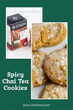 a box of spiciy chai tea cookies next to an image of iced cookies