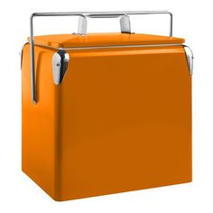 Made of steel with a powdercoated orange finish and chrome details, our retro-style beverage cooler keeps up to 18 cans or 12 bottles cold and ready to drink. Perfect for parties indoors or out, this easily transportable cooler features a locking lid with a carrying handle and a convenient bottle opener on the side. Perfect Picnic Basket, Retro Cooler, Affordable Living Room Furniture, Drink Cooler, Orange Retro, Kitschy Kitchen, Spice Storage, Cost Plus World Market, Beverage Cooler