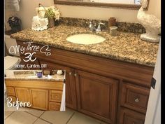 a bathroom vanity with granite counter top and mirror above it, before and after remodeling