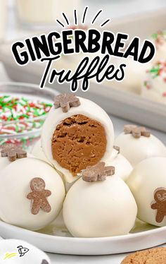 gingerbread truffles on a plate with christmas cookies and candy in the background