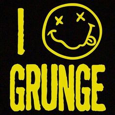 i love grunge sticker on a black background with yellow letters and smiley face