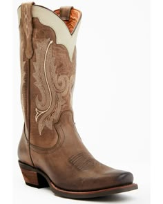 a pair of cowboy boots with white and brown accents