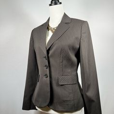 Seasonless Classic Style Lighter Brown Button Up Front Excellent Condition New With Tag Removed Worn Business To Casual Very Comfortable To Wear 55% Acetate 45% Rayon Lining 96% Virgin Wool 2% Spandex 2% Other Shell Work To Weekend Looks That Are Timeless Tailor Made The Perfect Blazer Polished Professional Everday Refined Classic Chic Trendy Style All Blazers Are From My Personal Wardrobe. Most Are Brand New With/Without Tags Or In Excellent Condition. I Take Pride In The Care Of My Wardrobe, A Striped Outerwear With Double Button Closure For Office, Striped Office Outerwear With Double Button Closure, Striped Single-breasted Blazer For Office, Striped Blazer With Double Button Closure For Work, Striped Notch Lapel Outerwear For Office, Striped Double Button Blazer For Work, Striped Notch Lapel Blazer With Buttons, Striped Single Breasted Blazer For Office, Striped Blazer With Buttons And Notch Lapel