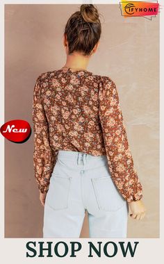 Brown Floral Print V Neck Blouse Brown Blouse With Blouson Sleeves For Fall, Brown Blouse With Blouson Sleeves, Chic Brown Blouse For Spring, Brown Blouson Sleeve Tops For Spring, Brown Floral Print Tops For Work, Brown Floral Print Tops For Workwear, Brown Long Sleeve Tops With Blouson Sleeves, Affordable Brown Cotton Blouse, Brown Floral Print Blouse For Day Out