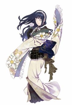 an anime character with long black hair and white dress holding a flower in her hand