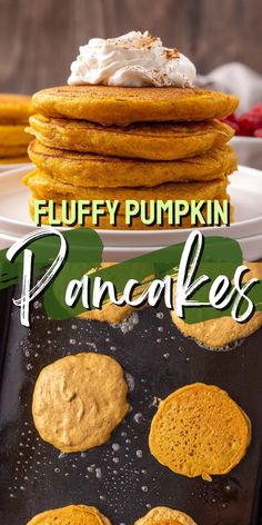 fluffy pumpkin pancakes with whipped cream on top are ready to be baked in the oven