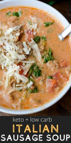 a bowl of cheesy italian sausage soup with parmesan cheese