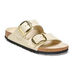 Birkenstock Arizona Big Buckle Narrow Slide Sandal (Women) - High Shine Ecru Leather Sandals - Slide - The Heel Shoe Fitters Birkenstock Arizona Big Buckle, Birkenstock Madrid Big Buckle, Arizona Big Buckle, Birkenstock Styles, Black Birkenstock, Birkenstock Style, Two Strap Sandals, Leather Making, Birkenstock Women