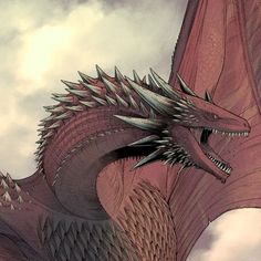 a large red dragon flying through a cloudy sky