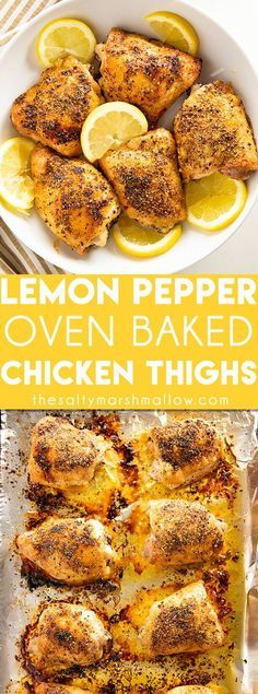 lemon pepper oven baked chicken thighs in a pan