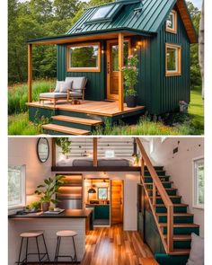 two pictures showing the inside and outside of a tiny house with stairs leading up to it