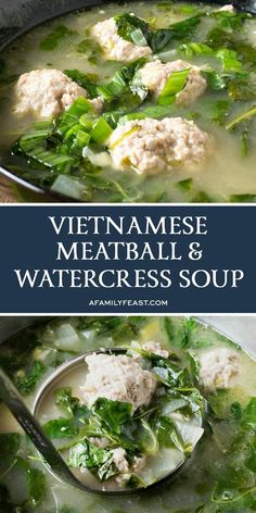 two pictures with meatballs and watercress soup in them