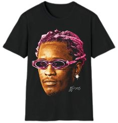 a black t - shirt with an image of a man wearing pink glasses on it