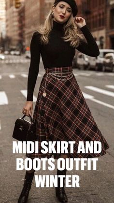 Fall Skirt And Boots Outfit, Long Plaid Skirt Outfit, Winter Midi Skirt Outfit, Wool Skirt Outfit, Skirts And Boots, Midi Skirt Winter, Warm Tights, Long Plaid Skirt