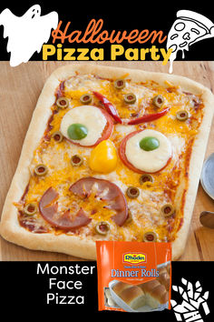 an advertisement for a halloween pizza party with a monster face on it and a bag of pepperoni