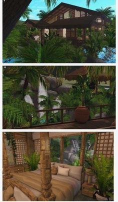 three different views of a tropical house with palm trees