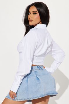 Available In White, Sand, Pink, Blue, Red, And Black. Long Sleeve Shirt Button Down Collar Corset Boning 80% Polyester 20% Cotton Imported | Endless Talks CorseT-Shirt in White size Medium by Fashion Nova Fitted Long Sleeve Cropped Shirt For Day Out, Fitted Solid Shirt For Day Out, Solid Color Slim Fit Button-up Top, Fitted V-neck Top With Back Button Closure, Fitted Tops With Button Closure For Day Out, Trendy Crop Top With Button Closure, Fitted Button-up Top For Day Out, Cotton Tops With Back Button Closure For Day Out, Button-up Stretch Top For Day Out