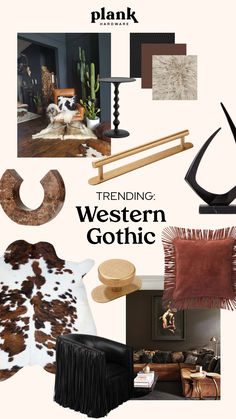 a collage of furniture and accessories with the words trending western gothic on it