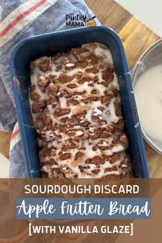 sourdough dessert apple fuffin bread with vanilla glaze in a blue dish