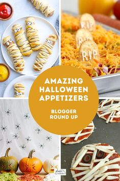 some food that is sitting on top of a pan and in front of the words amazing halloween appetizers blogger round up