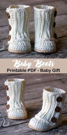 baby booties with buttons are shown in two different sizes and colors, one is white and the other is brown