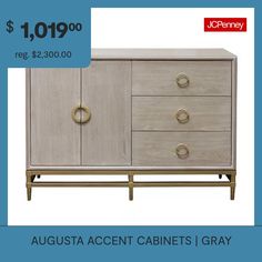 a white cabinet with two gold handles and an advertise for $ 10 99