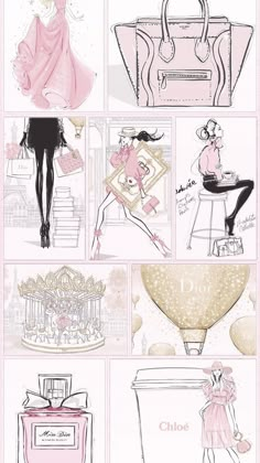 a bunch of drawings that are on top of each other in pink and white colors