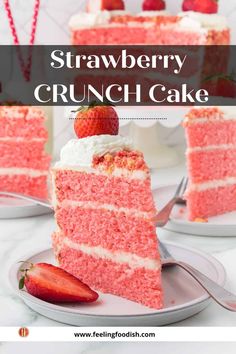 strawberry crunch cake on a plate with strawberries in the background and text overlay