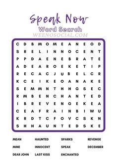 the word search page for speak now with words in purple and black on white background