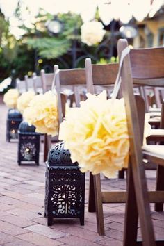 a bunch of chairs that are sitting on the ground with yellow flowers in front of them